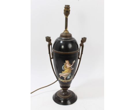 Late 19th / early 20th century Continental Classical Revival painted porcelain and metal mounted lamp of slender urn form, pa