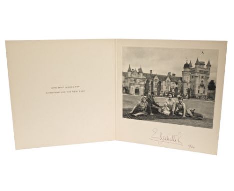 HM Queen Elizabeth II - signed 1960 Christmas card with twin gilt embossed Royal ciphers to cover and black and white photogr