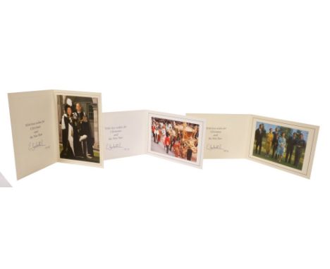 HM Queen Elizabeth II - three signed Christmas cards for 1975, 1976 and 1977 - all with twin gilt embossed Royal cipher to co