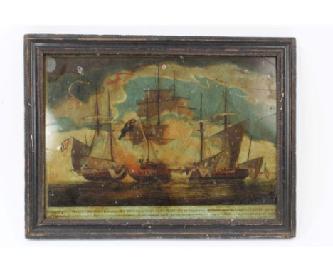 19th century reverse print on glass depicting His Majesty's gun vessel Wolverine beating off  two French lugger privateers af