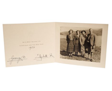 TM King George VI and Queen Elizabeth - signed 1950 Christmas card with gilt embossed crown to cover, black and white photogr