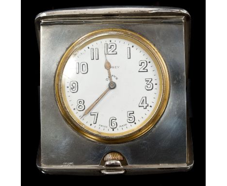 Asprey silver travelling clock with eight day Swiss movement, signed on dial - Asprey, in folding silver case, hallmarked - A