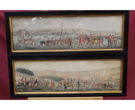 Set of four early 19th century hand-coloured aquatints - hunting scenes, in glazed ebonised frames, 20.5cm x 70cm