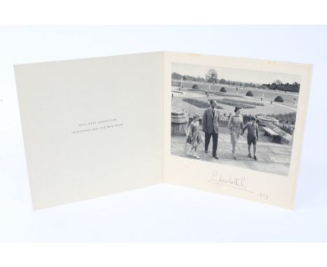 HM Queen Elizabeth II - signed 1959 Christmas card with twin gilt ciphers to cover and black and white photograph of The Roya
