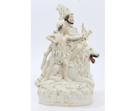 Victorian Staffordshire figure group of two warriors with bow and arrow, with lions, entitled - Lion Warrior, 38cm