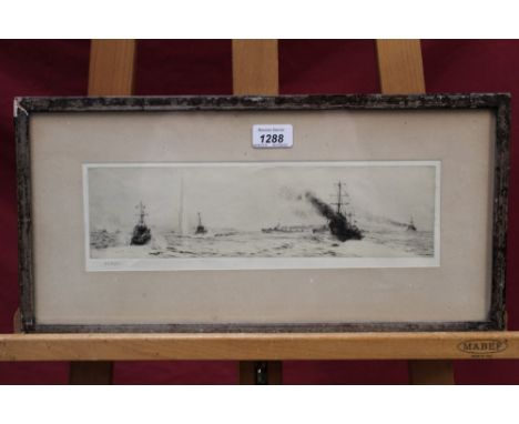 William Lionel Wyllie (1851 - 1931), signed etching - Warships, 10.5cm x 34cm, together with another coloured Wyllie print - 