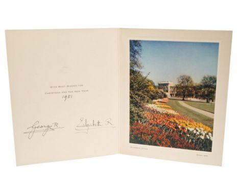 TM King George VI and Queen Elizabeth - signed 1951 Christmas card with gilt embossed crown to cover, colour photograph to in