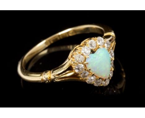 Late Victorian 18ct gold opal and diamond heart-shape ring, the central heart-shape opal cabochon surrounded by old cut diamo