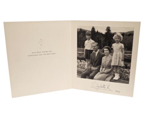HM Queen Elizabeth II - signed 1955 Christmas card with gilt embossed crown to cover and black and white photograph to the in