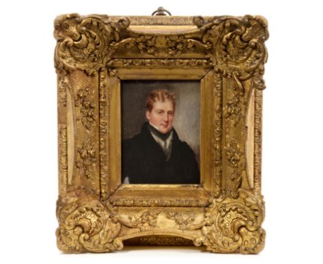 English School, circa 1840, half-length miniature portrait on ivory of a gentleman wearing black coat and cravat, 9cm x 7cm, 