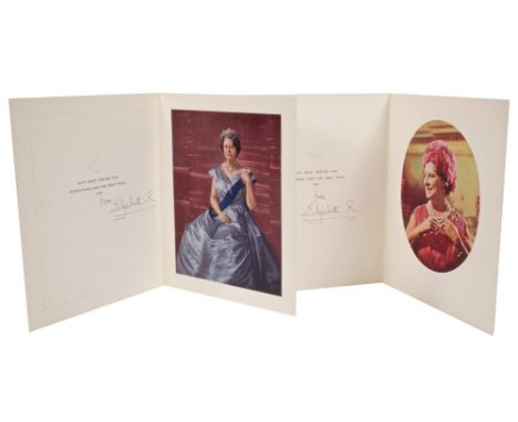 HM Queen Elizabeth The Queen Mother - two signed Christmas cards for 1968 and 1969 - both with gilt embossed crown to cover a