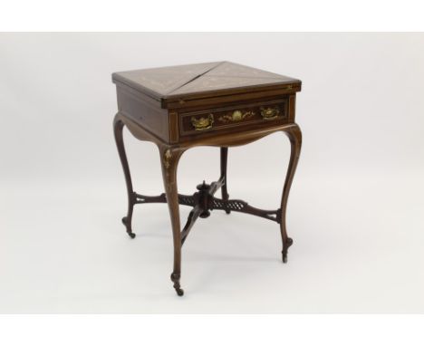 Edwardian mahogany and marquetry inlaid envelope card table, folding top inlaid with trophy swags enclosing baize-lined inter