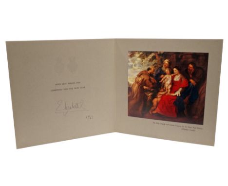 HM Queen Elizabeth II - signed 1961 Christmas card with twin gilt embossed Royal ciphers to cover and colour print to the int