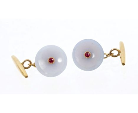 Pair of good quality jade / hardstone and ruby cufflinks, each dished circular panel centred with a ruby, with yellow metal m