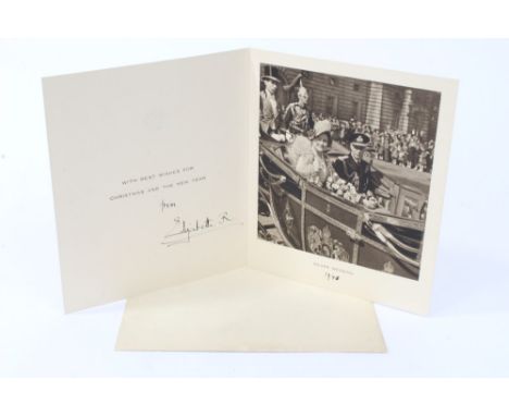 HM Queen Elizabeth (later The Queen Mother), signed 1948 Christmas card with gilt embossed crown to cover and black and white