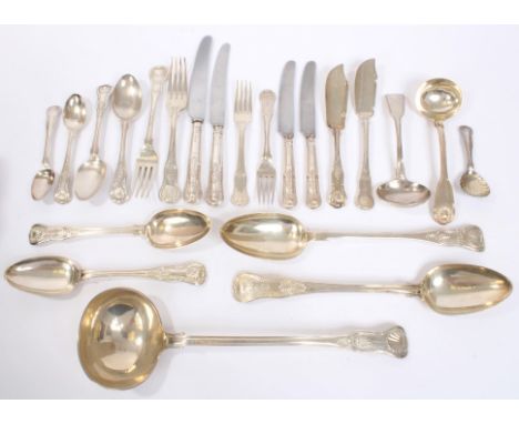 Comprehensive composite canteen of Georgian and later silver Kings, Hourglass, Honeysuckle and other pattern cutlery - includ