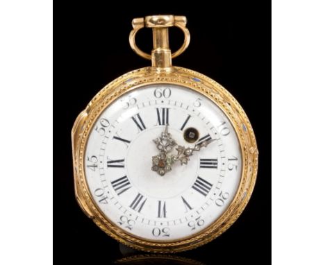 Fine late 18th century French gold and enamel pocket watch, the white enamel dial with diamond set hands, Roman numerals, fus
