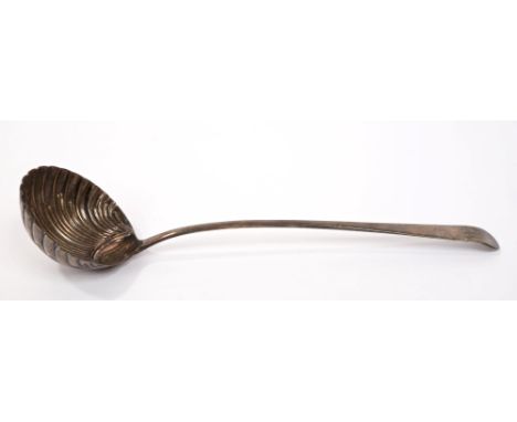 George III silver Old English pattern soup ladle with shell bowl and two sets of engraved initials - one dated 1803 (hallmark