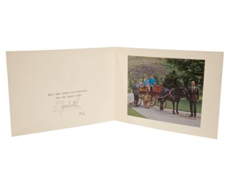 HM Queen Elizabeth II - signed 1966 Christmas card with twin gilt embossed Royal ciphers to cover and colour photograph of Th