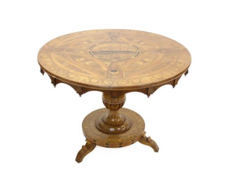 Very fine 19th century walnut and marquetry Sorrento ware centre table, hinged top centred by a marine scene within trophy cr