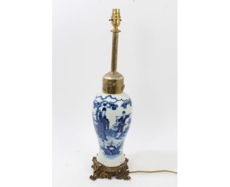 18th / 19th century Chinese blue and white vase mounted as a table lamp, the baluster vase with figural frieze, with gilt met