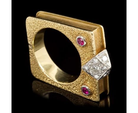 Ruby and diamond ring, the ring of rectangular box form, with a pavé set diamond mount and four circular cut rubies to the te