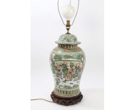 Decorative Chinese famille verte vase and cover converted to a table lamp, of bulbous form, with figural reserves on hardwood