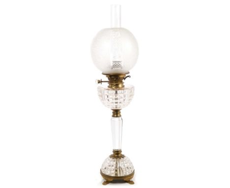 Good Victorian cut glass oil lamp with etched and cut glass globular shade and hemispherical glass reservoir, on faceted colu