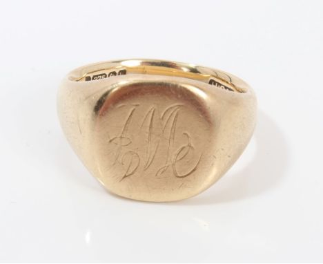 9ct gold signet ring (Birmingham 1969).  Size Q CONDITION REPORT Engraved initials (wear commensurate with age).  Total gross