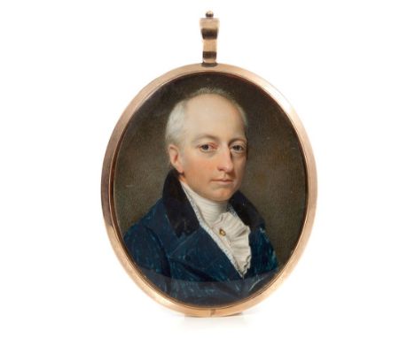 English School, circa 1780, fine watercolour on ivory portrait miniature of a gentleman wearing blue coat with velvet trim an