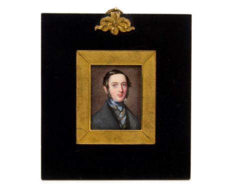 William Egley (1798 - 1870), portrait miniature on ivory of a gentleman wearing grey coat and blue cravat, label verso inscri