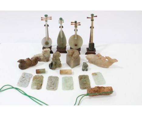 Collection of Chinese carved jade and green hardstone ornaments - including group of musical instruments, relief carved plaqu