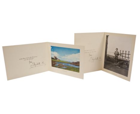 HM Queen Elizabeth The Queen Mother - signed 1955 and 1958 Christmas cards - both with gilt embossed crown to cover and photo