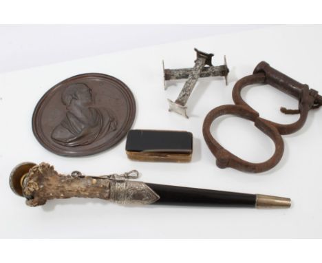 19th century bronze medallion with classical profile portrait of Sir Walter Scott, signed - Crawford. F., 11cm wide, together