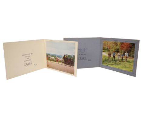 HM Queen Elizabeth II - two signed Christmas cards for 1973 and 1974 - both with twin gilt embossed Royal cipher to cover and