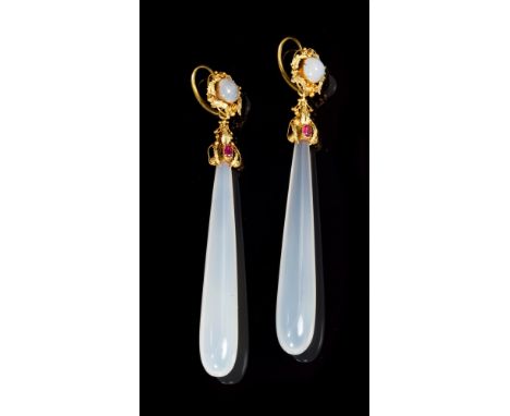 Fine pair of Regency chalcedony, ruby and gold cannetille work pendant earrings, each with a chalcedony drop suspended from t