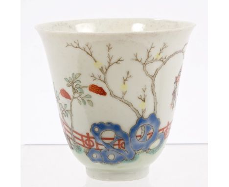 19th century Chinese Qing tea bowl of slender form, finely polychrome painted with lanterns, precious objects on terrace with