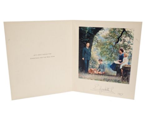 HM Queen Elizabeth II - signed 1957 Christmas card with gilt embossed crown to cover and colour photograph to the interior, o