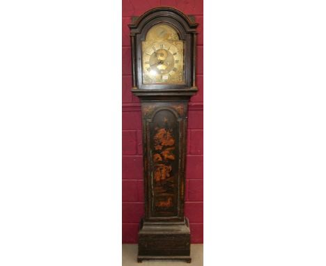 18th century longcase clock with eight day movement, 12 inch break arch dial with foliate spandrels, matted centre with subsi