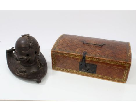 19th century steel inkwell in the form of a knights' helmet, on shield-shaped base, 19cm and 19th century dome-top tooled lea