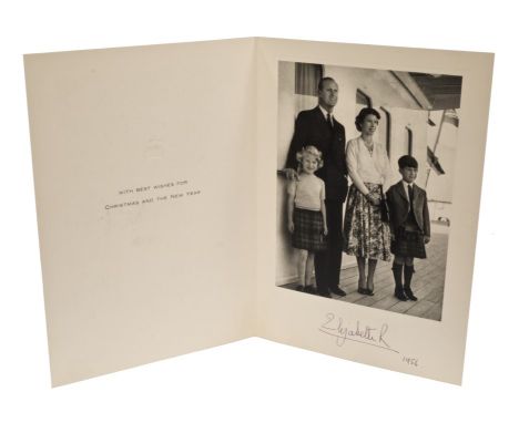 HM Queen Elizabeth II - signed 1956 Christmas card with gilt embossed crown to cover and black and white photograph to the in