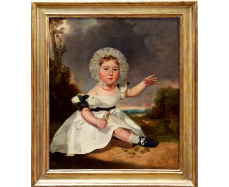 Mid-19th century English School oil on canvas - portrait of a child in landscape with a flower dropping from her hand, in gil