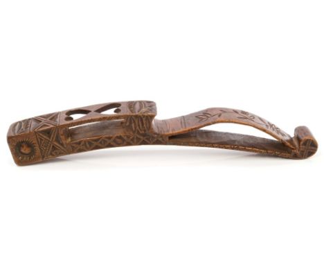 Scarce George III Welsh carved fruitwood knitting sheath, pierced with love hearts and carved with trailing foliage and geome