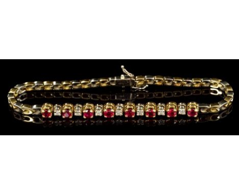 Ruby and diamond bracelet with eight round mixed cut rubies alternating with seven brilliant cut diamonds, with 18ct white an