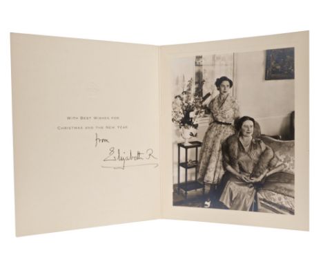 HM Queen Elizabeth The Queen Mother - signed 1952 Christmas card with gilt embossed crown and black and white photograph to t