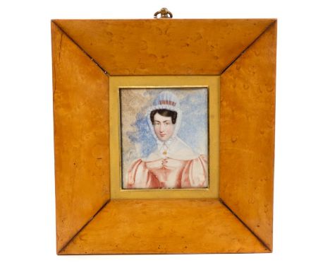 English School, circa 1830, miniature portrait on ivory of a lady, named verso as Caroline Ridgeway, depicted half-length wea