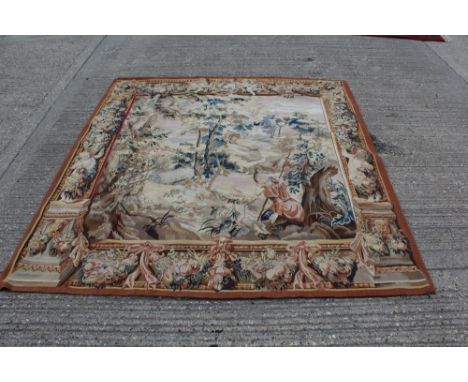 Aubusson-style tapestry wall hanging with 17th century-style hunting scene in trophy borders, 219cm x 203cm