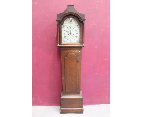 Late 18th / early 19th century eight day longcase clock with arched painted dial decorated with birds and flowers, subsidiary