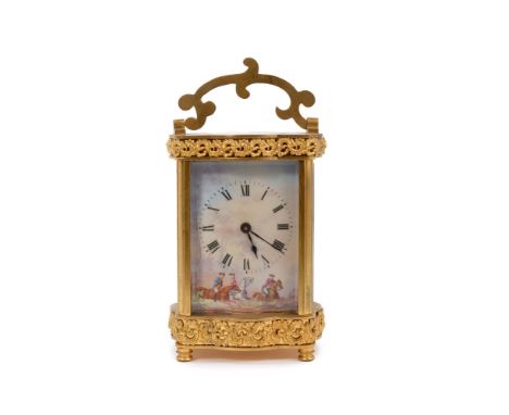 Good quality late 19th century gilt brass carriage clock with rococo scrollwork decoration - painted enamel dial decorated wi