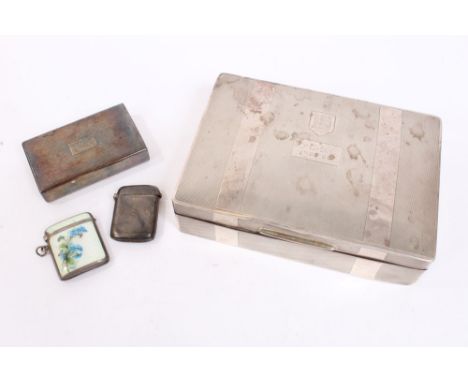 Late 1920s silver cigarette box with engine-turned decoration and hinged cover with engraved shield and date (Birmingham 1928